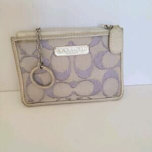 COACH Skinny Key Ring Card Case Small Wallet Purple Canvas Leather Zip Fair